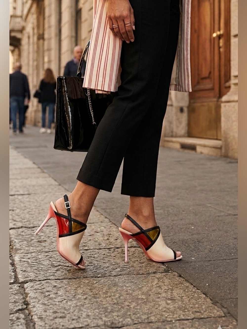 Pollini Italy Patent Leather Slingback Heels Red & Yellow Acrylic Detail 35